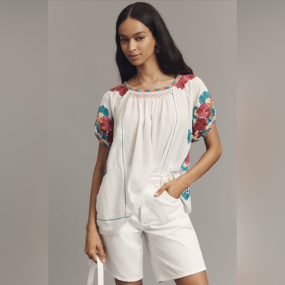 Anthropologie Tops - Function & Fringe Edit | Embroidered Floral White Top